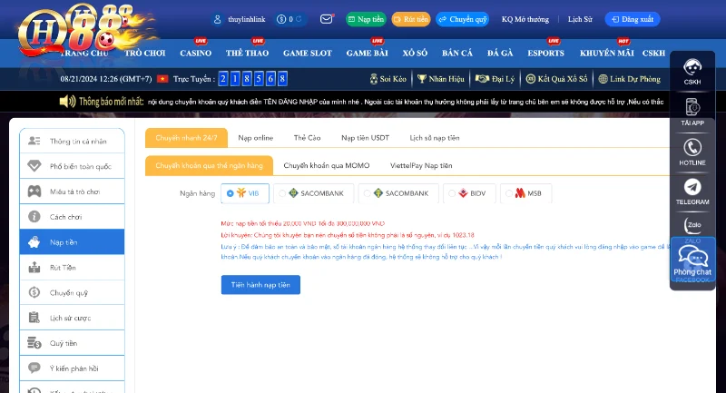 Đôi nét về quá trình nạp tiền QH88